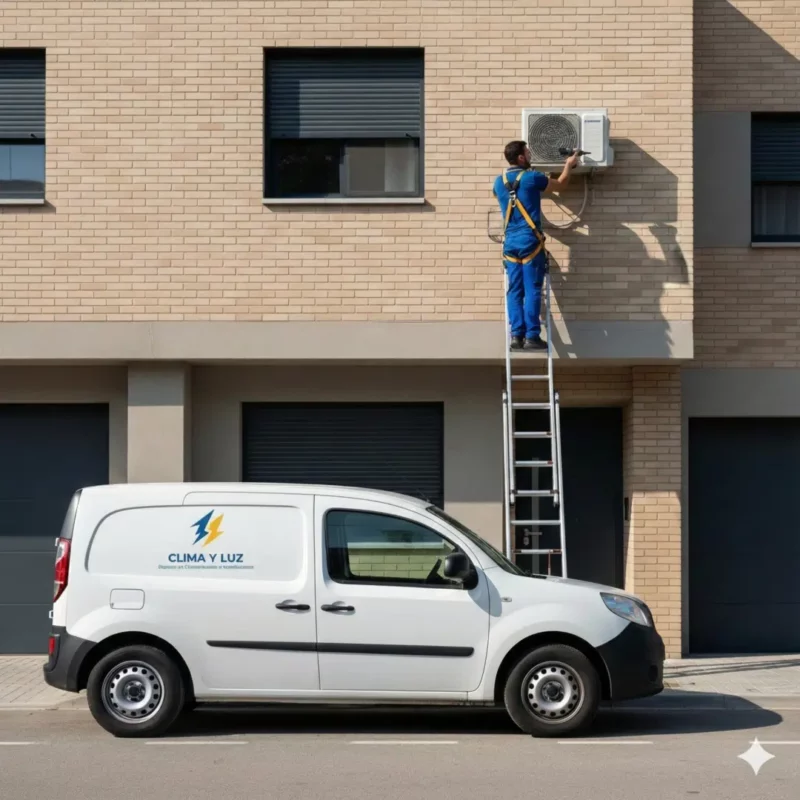 Técnico de Clima y Luz instalando una unidad de aire acondicionado en Cubelles